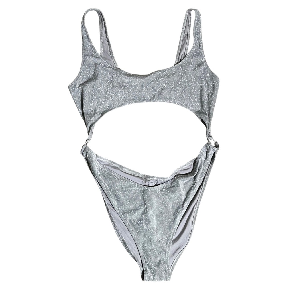 SKIMS Silver‎ Sparkle Cut Out Monokini Swim One Piece Metallic Ring Detail 4X